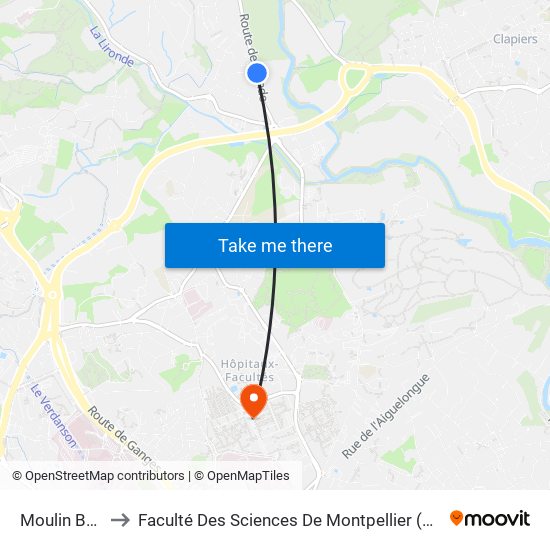 Moulin Boudet to Faculté Des Sciences De Montpellier (Campus Triolet) map