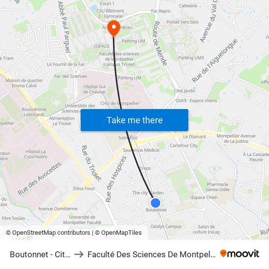 Boutonnet - Cité Des Arts to Faculté Des Sciences De Montpellier (Campus Triolet) map