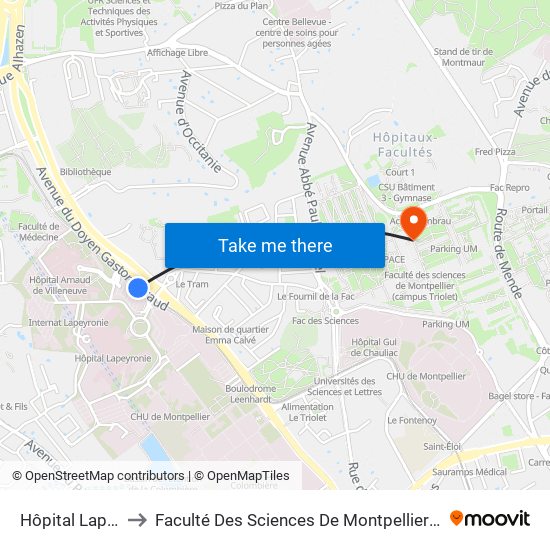 Hôpital Lapeyronie to Faculté Des Sciences De Montpellier (Campus Triolet) map