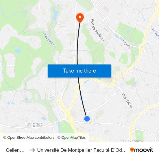 Celleneuve to Université De Montpellier Faculté D'Odontologie map