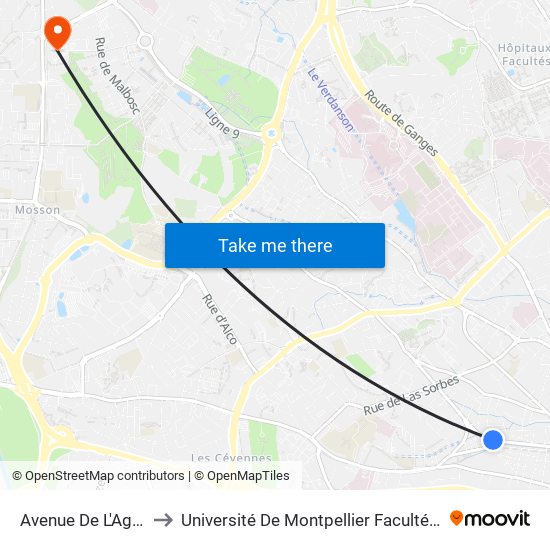 Avenue De L'Agriculture to Université De Montpellier Faculté D'Odontologie map