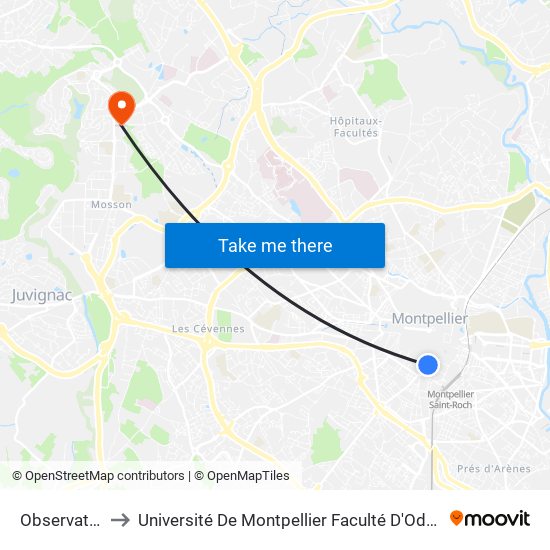 Observatoire to Université De Montpellier Faculté D'Odontologie map