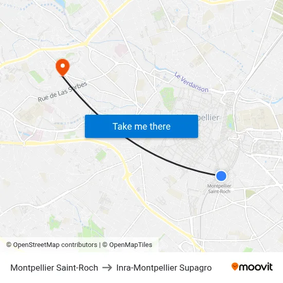 Montpellier Saint-Roch to Inra-Montpellier Supagro map