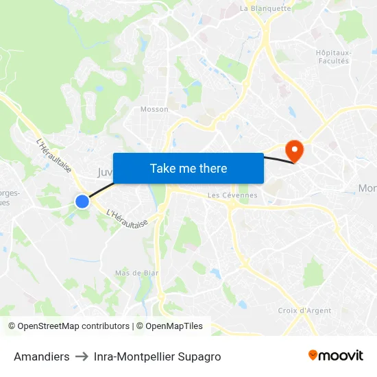 Amandiers to Inra-Montpellier Supagro map