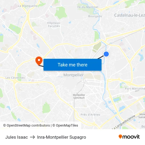 Jules Isaac to Inra-Montpellier Supagro map