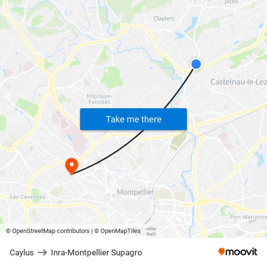 Caylus to Inra-Montpellier Supagro map