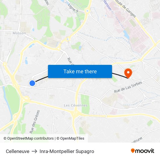 Celleneuve to Inra-Montpellier Supagro map