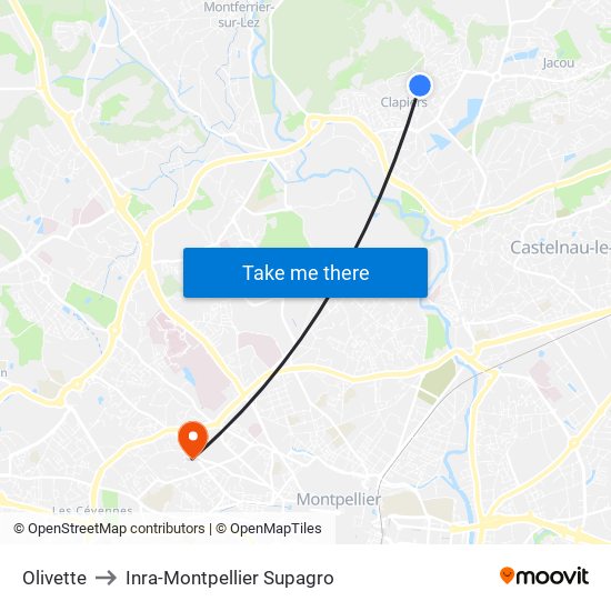 Olivette to Inra-Montpellier Supagro map