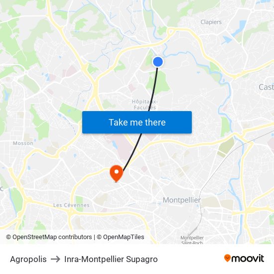 Agropolis to Inra-Montpellier Supagro map