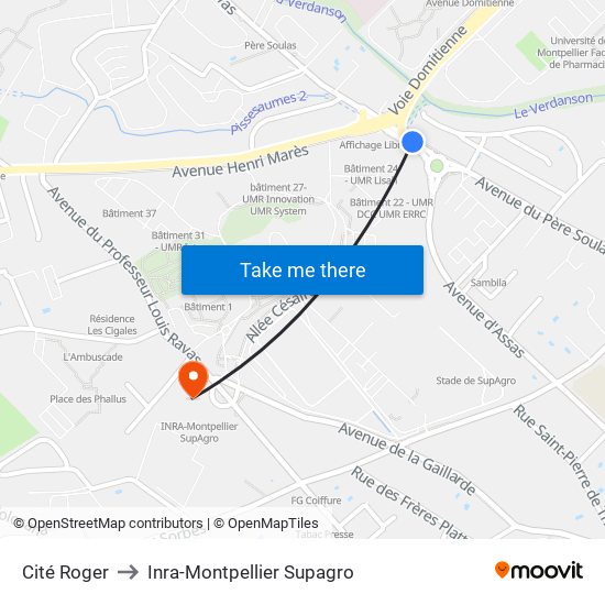 Cité Roger to Inra-Montpellier Supagro map