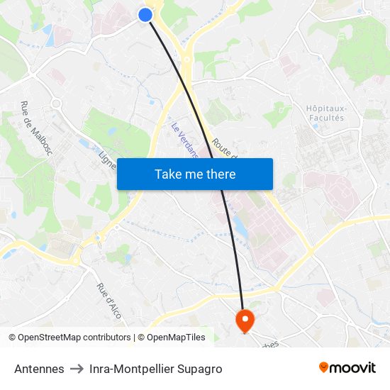 Antennes to Inra-Montpellier Supagro map