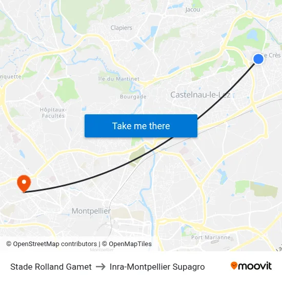 Stade Rolland Gamet to Inra-Montpellier Supagro map