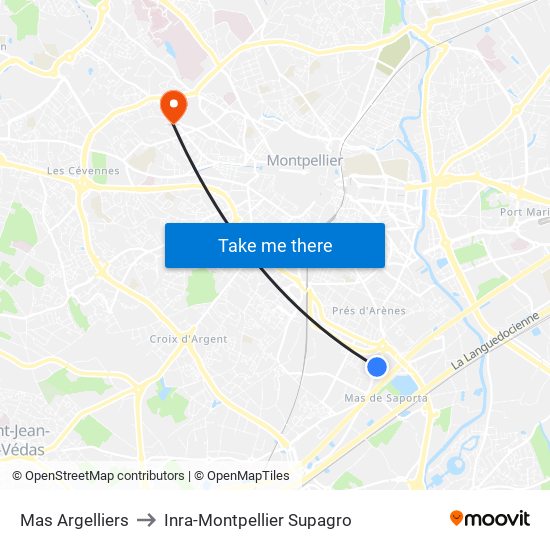 Mas Argelliers to Inra-Montpellier Supagro map