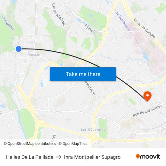 Halles De La Paillade to Inra-Montpellier Supagro map