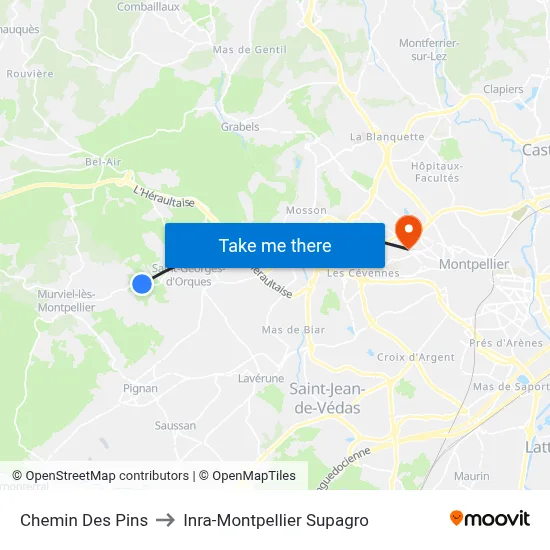 Chemin Des Pins to Inra-Montpellier Supagro map