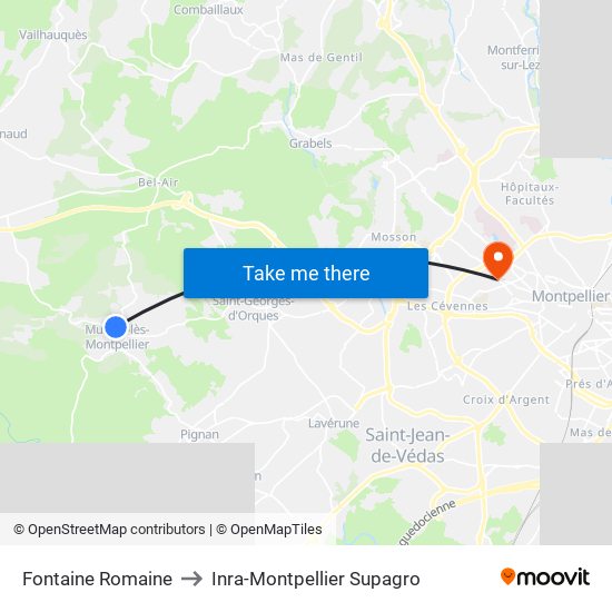 Fontaine Romaine to Inra-Montpellier Supagro map