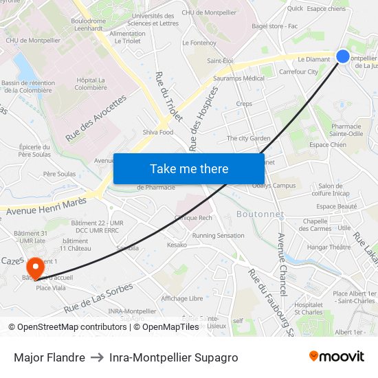 Major Flandre to Inra-Montpellier Supagro map