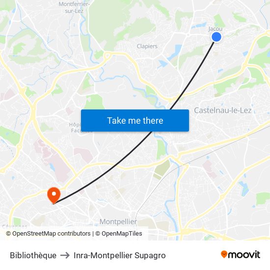 Bibliothèque to Inra-Montpellier Supagro map