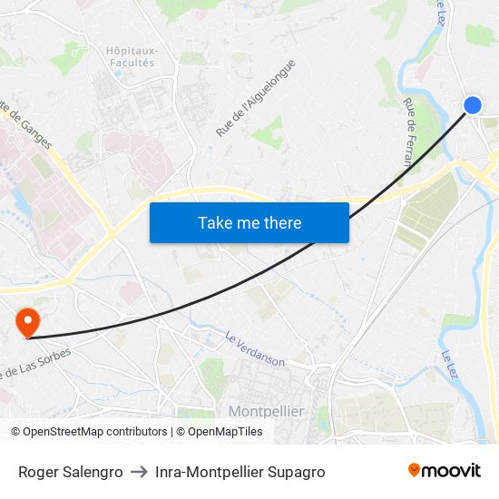 Roger Salengro to Inra-Montpellier Supagro map