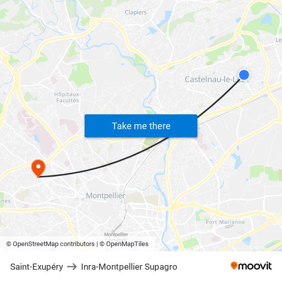 Saint-Exupéry to Inra-Montpellier Supagro map