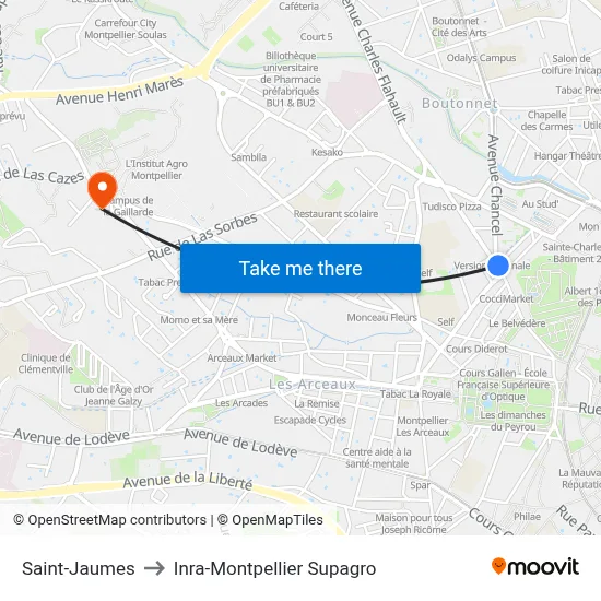 Saint-Jaumes to Inra-Montpellier Supagro map