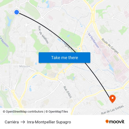 Carriéra to Inra-Montpellier Supagro map