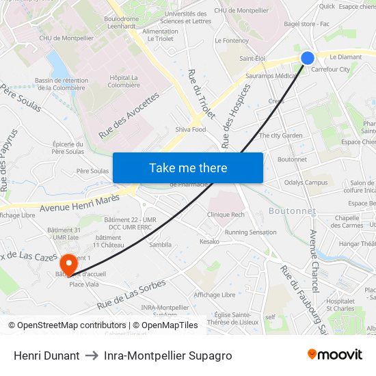 Henri Dunant to Inra-Montpellier Supagro map