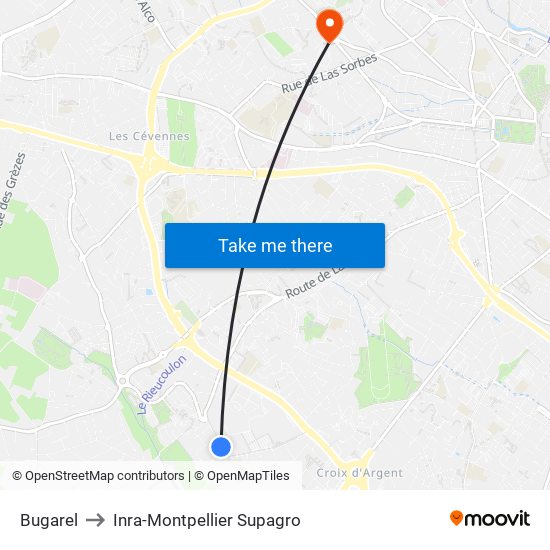 Bugarel to Inra-Montpellier Supagro map