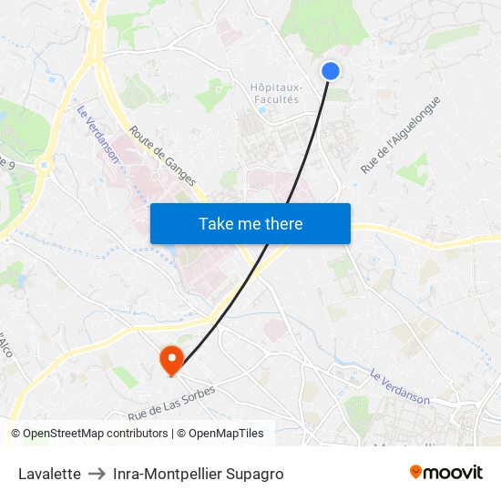 Lavalette to Inra-Montpellier Supagro map