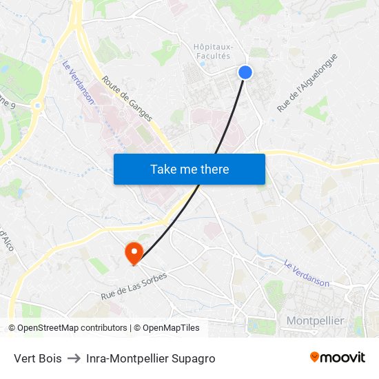 Vert Bois to Inra-Montpellier Supagro map