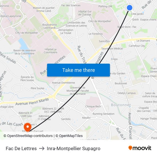 Fac De Lettres to Inra-Montpellier Supagro map