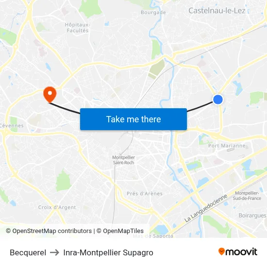Becquerel to Inra-Montpellier Supagro map