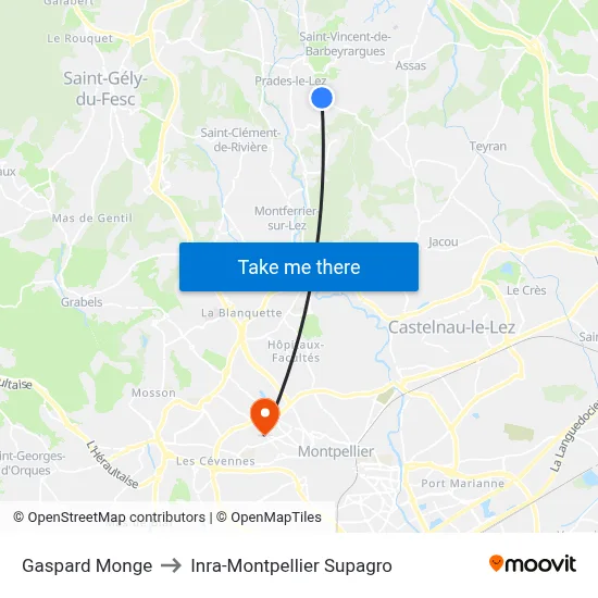 Gaspard Monge to Inra-Montpellier Supagro map