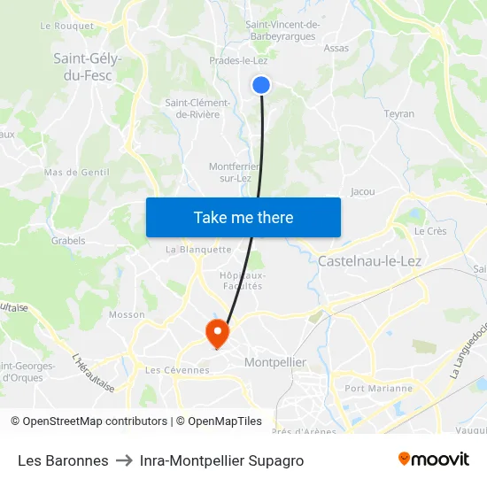 Les Baronnes to Inra-Montpellier Supagro map