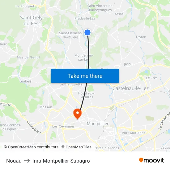 Nouau to Inra-Montpellier Supagro map
