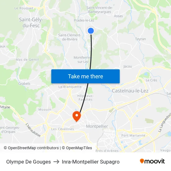 Olympe De Gouges to Inra-Montpellier Supagro map