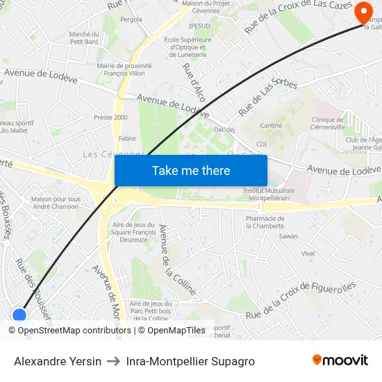 Alexandre Yersin to Inra-Montpellier Supagro map
