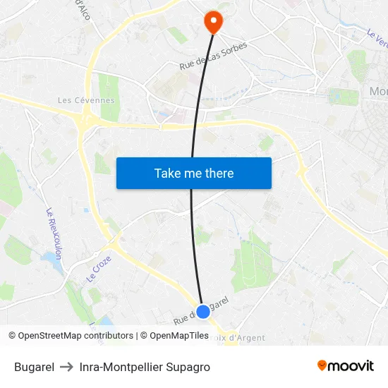 Bugarel to Inra-Montpellier Supagro map