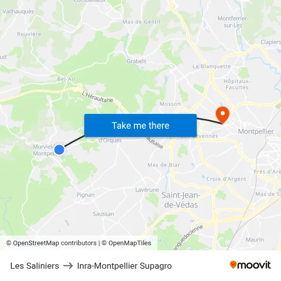 Les Saliniers to Inra-Montpellier Supagro map