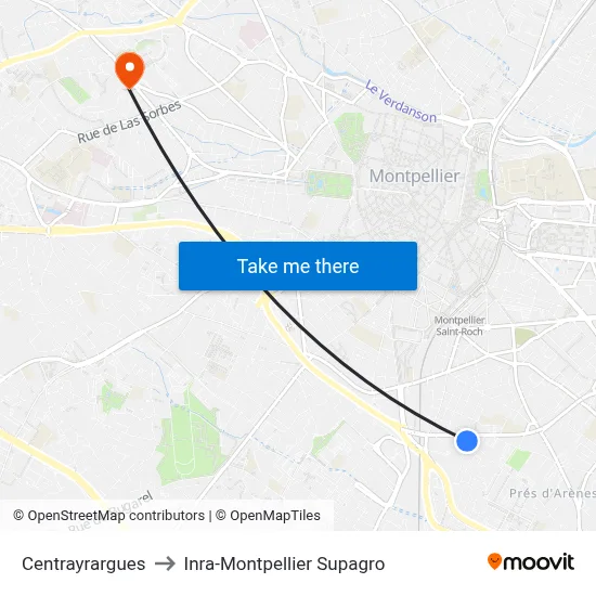 Centrayrargues to Inra-Montpellier Supagro map