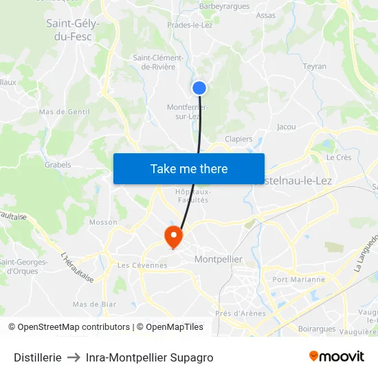 Distillerie to Inra-Montpellier Supagro map
