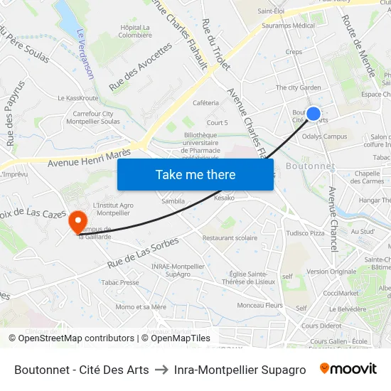 Boutonnet - Cité Des Arts to Inra-Montpellier Supagro map