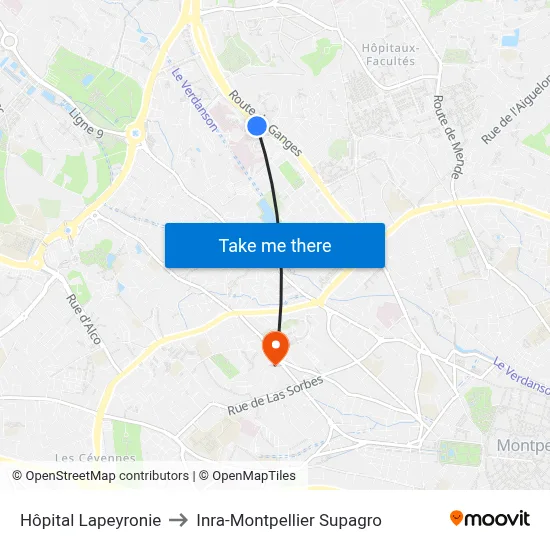 Hôpital Lapeyronie to Inra-Montpellier Supagro map