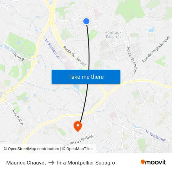 Maurice Chauvet to Inra-Montpellier Supagro map
