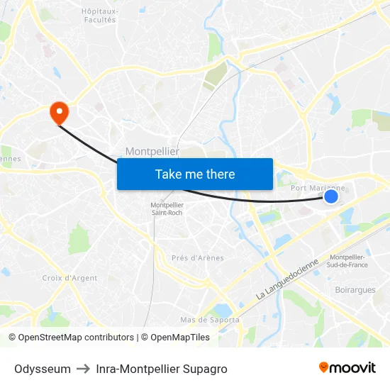 Odysseum to Inra-Montpellier Supagro map