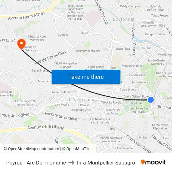 Peyrou - Arc De Triomphe to Inra-Montpellier Supagro map