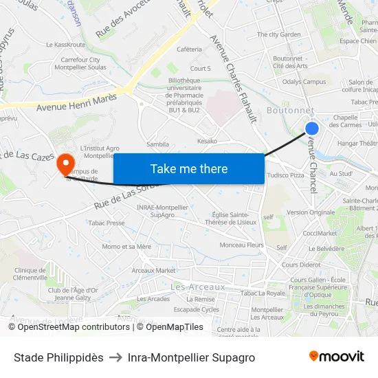 Stade Philippidès to Inra-Montpellier Supagro map
