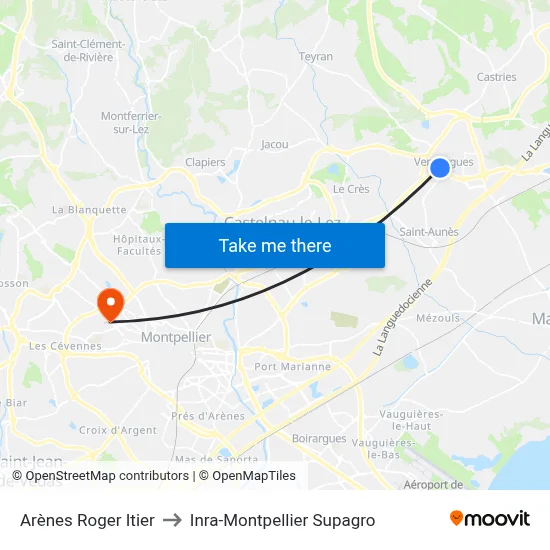 Arènes Roger Itier to Inra-Montpellier Supagro map