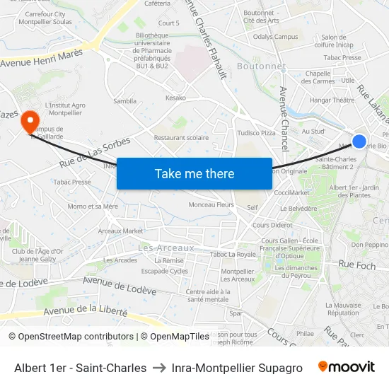 Albert 1er - Saint-Charles to Inra-Montpellier Supagro map