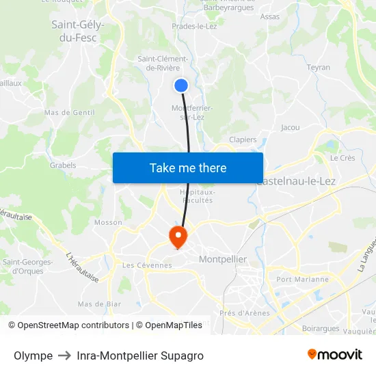 Olympe to Inra-Montpellier Supagro map